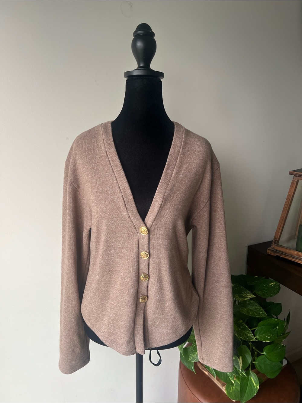 Zara Taupe Button Front V-Neck Cardigan